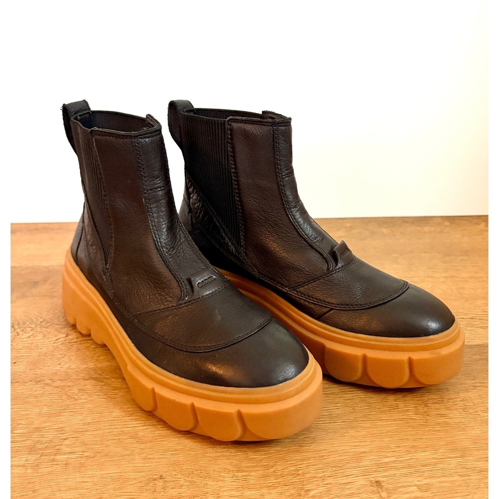 Designer Black Leather Sorel Brex Boots 9.5 Gorpcore Chunky Platform Lug Sole
